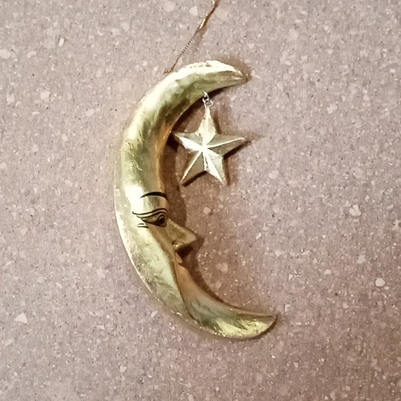 Vintage Hanging Gold Moon and Star Wood Ornament Handmade - Picture 3 of 7